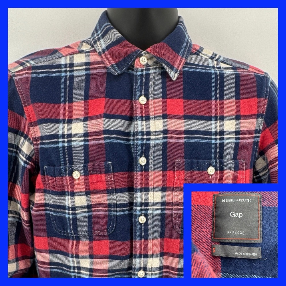 Gap Men's Plaid Flannel Shirt Red Blue White Long Sleeve Button Up Size Small
